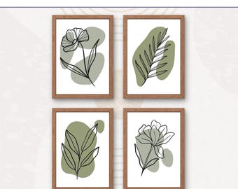 Juego de 4 láminas de arte botánico bohemio en verde salvia / Decoración floral minimalista contemporánea / Descarga instantánea / Imprimible