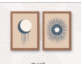 Set of 2 Boho Sun and Moon Prints | Celestial Boho Wall Art | Earth Tones | Contemporary Decor | Digital Download