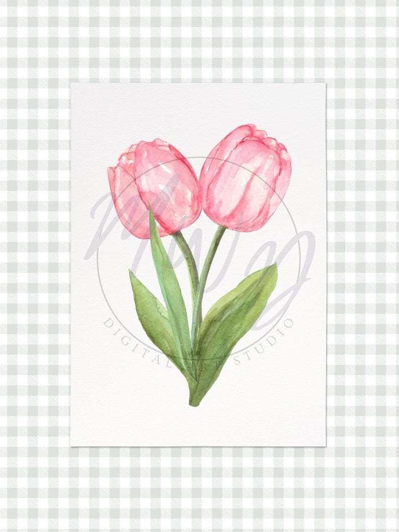 May include: Watercolor painting of two pink tulips with green leaves and stems. The artwork is on a white background with the text "DIGITAL STUDIO" in a circle. The background is a light green and white checkered pattern.