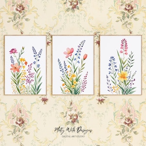 水彩画の野花プリント3枚セット、春の花柄ウォールアート、カントリーファームハウス、花柄の保育園装飾、印刷可能なデジタルダウンロード
