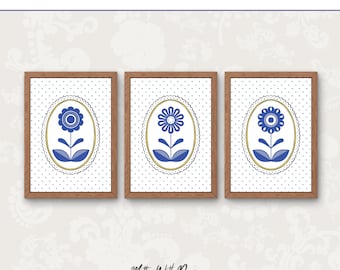 Conjunto de 3 estampados florales escandinavos, azul y blanco, arte popular, descarga digital imprimible