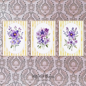 Watercolor Wildflower Wall Art set of 3 Prints, Botanical Wall Art, Nursery Art, Dorm Decor, Yellow Stripe Decor, Printable Watercolor Art