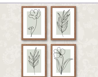 Juego de 4 láminas botánicas en verde salvia, decoración floral minimalista contemporánea (descarga digital)