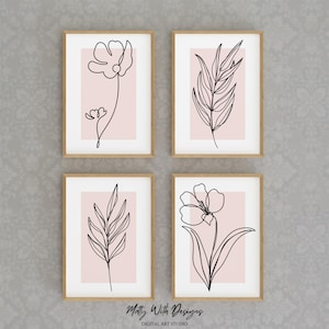 Blush Pink Botanical Line Art Prints: Boho Minimalist Decor, Set of 4 (Digital Downloadable Wall Art, Printable) — Matty With Designs Décor