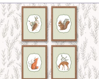 Juego de 4 láminas de acuarela verde salvia con animales del bosque para guardería, arte forestal caprichoso (descarga digital)