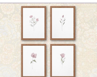 Set of 4 Pink Wildflower Watercolor Prints | Cottage Nursery Decor | Rustic Spring Garden | Digital Download
