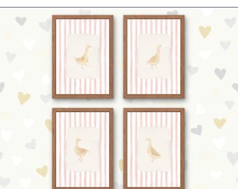 Juego de 4 impresiones de acuarela de ganso, decoración infantil de estilo rústico rosa (descarga digital)