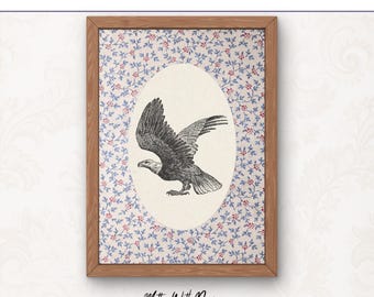 Lámina con dibujo de águila calva vintage / Decoración rústica de pared estilo cottagecore / Detalles florales / Descarga digital