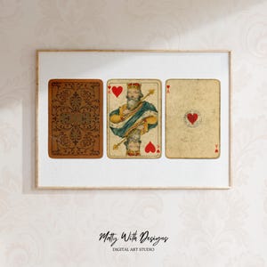 Carte da gioco vintage per l'arredamento della sala giochi, carte usate alla moda, asso di cuori, re di cuori, arte murale digitale scaricabile, arte stampabile