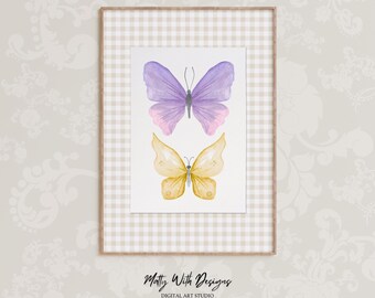Lámina de mariposa en acuarela: Arte de insectos en lavanda y amarillo (Descarga digital)