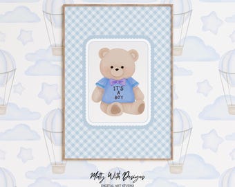Lámina infantil de osito de peluche: Anuncio de bebé niño en cuadros azules (descarga digital)