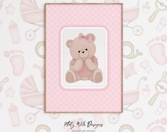 Lámina infantil de osito rosa: lazo de cuadros vichy y flores pastel (descarga digital)