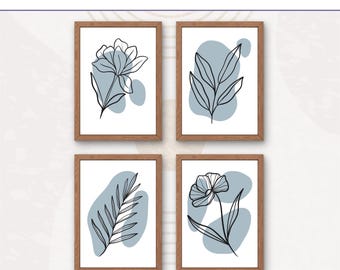 Conjunto de láminas botánicas bohemias en azul y gris / 4 descargas digitales florales minimalistas / Decoración contemporánea para sala de estar y dormitorio