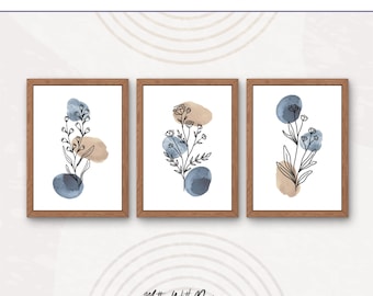 Juego de 3 impresiones botánicas bohemias en azul y beige, arte lineal floral minimalista en acuarela, descarga digital imprimible.