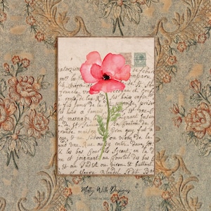Impresión de acuarela de amapola vintage - Arte de letras manuscritas - Arte mural floral rojo, arte rural moderno, arte mural digital descargable, imprimible