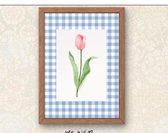 Cuadro de acuarela con una sola flor de tulipán rojo / Ilustración botánica estilo cottagecore / Lámina de ramo / Arte floral primaveral / Descarga digital