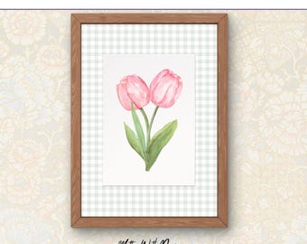 Impressão em aquarela de tulipa rosa | Arte floral estilo cottagecore | Decoração de primavera | Download digital