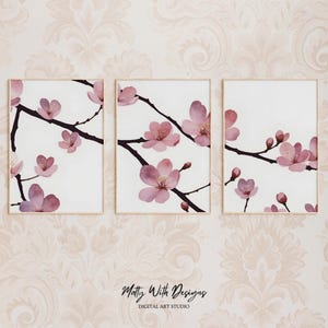 Cherry Blossom Set of 3, Sakura Wall Art, Bedroom Wall Art, Pink Flower Wall Decor, Above Bed Art, Digital Download, Printable Wall Art
