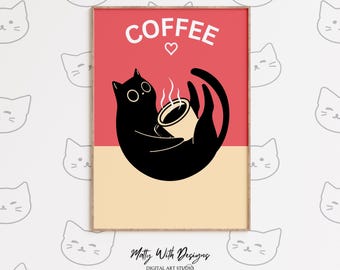 Impression d'art Black Cat Coffee : Illustration fantaisiste de chaton (téléchargement numérique)