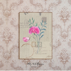 Arte mural floral rosa - Impresión botánica vintage en acuarela, carta manuscrita - Arte rural moderno, arte mural digital descargable, imprimible