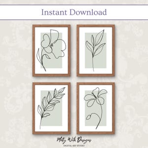 Set of 4 Sage Green Botanical Line Art Prints, Minimalist Floral Contemporary Decor (Digital Download)