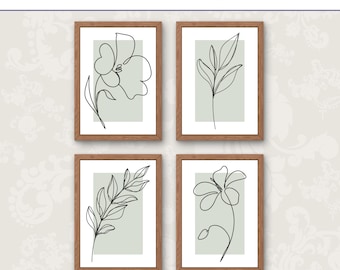 Set of 4 Sage Green Botanical Line Art Prints, Minimalist Floral Contemporary Decor (Digital Download)