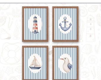 Juego de 4 láminas costeras para habitación infantil: decoración náutica en acuarela, arte marítimo para sala de juegos (descarga digital)