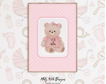 Lámina infantil con osito de peluche: Decoración de cuadros vichy rosa (Descarga digital)