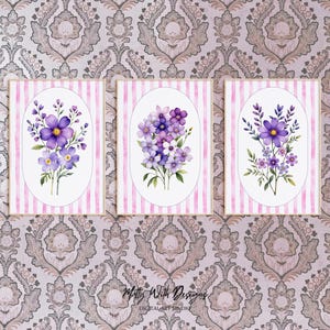 Watercolor Wildflower Print Set: Pink Stripe Nursery Art, Set of 3 (Digital Downloadable Wall Art, Printable) — Matty With Designs Décor