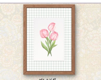 Impressão em aquarela de três tulipas rosa | Estilo rústico | Flor da primavera | Arte floral para parede | Download digital