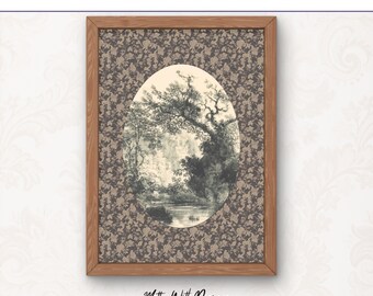Lámina artística botánica vintage junto al lago / Paisaje inglés / Decoración rústica de casa de campo / Descarga digital