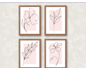 Juego de 4 láminas botánicas en rosa ruborizado, decoración bohemia floral minimalista (descarga digital)