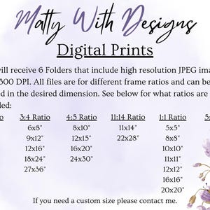 May include: Digital prints listing with various frame ratios and sizes, including 4x6, 8x10, and 11x14 inches. The image features text with the shop name "Matty With Designs" and details about the digital files.
