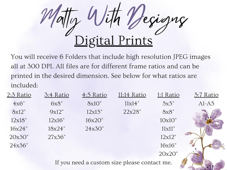 May include: Digital prints listing with various frame ratios and sizes, including 4x6, 8x10, and 11x14 inches. The image features text with the shop name "Matty With Designs" and details about the digital files.