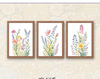 Set of 3 Watercolor Wildflower Prints | Spring Floral Art | Colourful Botanical Wall Decor | Digital Download