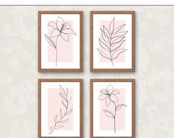 Juego de 4 láminas botánicas en rosa ruborizado, decoración bohemia floral minimalista (descarga digital)