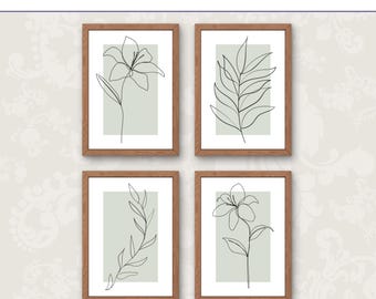 4er Set Salbeigrüne botanische Linie Kunstdrucke, minimalistisches zeitgenössisches Blumendekor (digitaler Download)