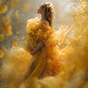 May include: A woman in a flowing, off-the-shoulder yellow gown, with a floral hairpiece, stands in a soft, ethereal setting. The dress features layered ruffles and a long, trailing skirt. The text "The Lens by Kaminski" is visible.