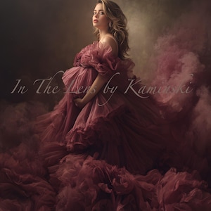 May include: A woman in a flowing, burgundy gown with layered ruffles. The dress has an off-the-shoulder design and a full skirt. The image has the text "In The Lens by Kaminski" in a script font. The background is a smoky, dark brown.