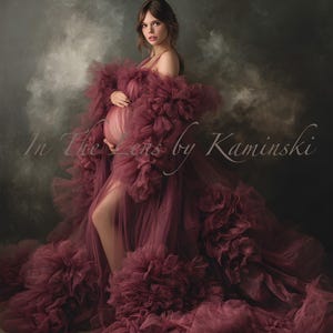 Puede incluir: Una mujer con un vestido de maternidad burdeos con un diseño de volantes. El vestido tiene una falda fluida y una superposición transparente. El fondo es gris oscuro y ahumado. El texto "In The Lens by Kaminski" es visible.