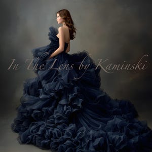 Puede incluir: Un vestido azul marino sin tirantes con una falda y cola voluminosas y con volantes. El vestido presenta un corpiño ajustado y un diseño dramático y fluido. La imagen incluye el texto "In The Lens by Kaminski".