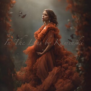 May include: A woman in a flowing, rust-coloured maternity gown, surrounded by foliage and butterflies. The dress features layered ruffles and a high neckline. The image has the text "In The Lims by Kaminski".