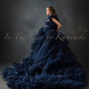 May include: A navy blue gown with a layered, ruffled skirt and bodice. The dress features a long train and a high neckline. The text "In The Lens by Kaminski" is visible in the image.
