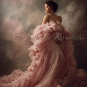 May include: A woman in a flowing, strapless pink gown with ruffled detailing. The dress cascades to the floor, creating a dramatic effect. The background features a cloudy, atmospheric backdrop. Text on the image reads "In The Lens by Kaminski".