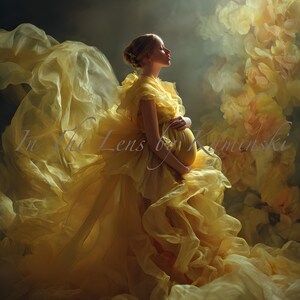 Puede incluir: Una mujer con un vestido amarillo fluido, con un diseño en capas y con volantes, posa en un estudio. El vestido cae a su alrededor, y ella se acaricia el abdomen. La imagen tiene una iluminación suave y el texto "In The Lens by Kaminski".