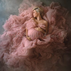 May include: A woman in a pink tulle maternity gown lies on a matching fabric background. The gown drapes around her, creating a soft, cloud-like effect. The image has a dreamy, artistic quality, with soft lighting and a focus on the woman's peaceful expression.