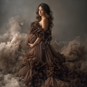 Puede incluir: Vestido de maternidad marrón con hombros descubiertos y volantes en capas. El vestido largo es de tul. El fondo es de color neutro y ahumado, con el texto "In the Lens by Kaminski" en la esquina superior izquierda.