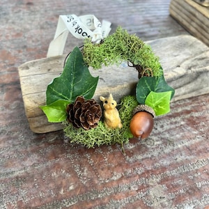 May include: A miniature wreath featuring a squirrel figurine, a pine cone, and an acorn, set on a bed of green moss. The wreath is adorned with green leaves and a white ribbon. The overall theme is nature and woodland.