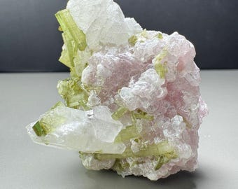 Olive Green Tourmaline on Pink Lepidolite and Quartz from Afghanistan - 65g - US SELLER