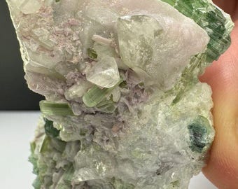 Green Tourmaline w Quartz on Pink Lepidolite - 61g - US SELLER